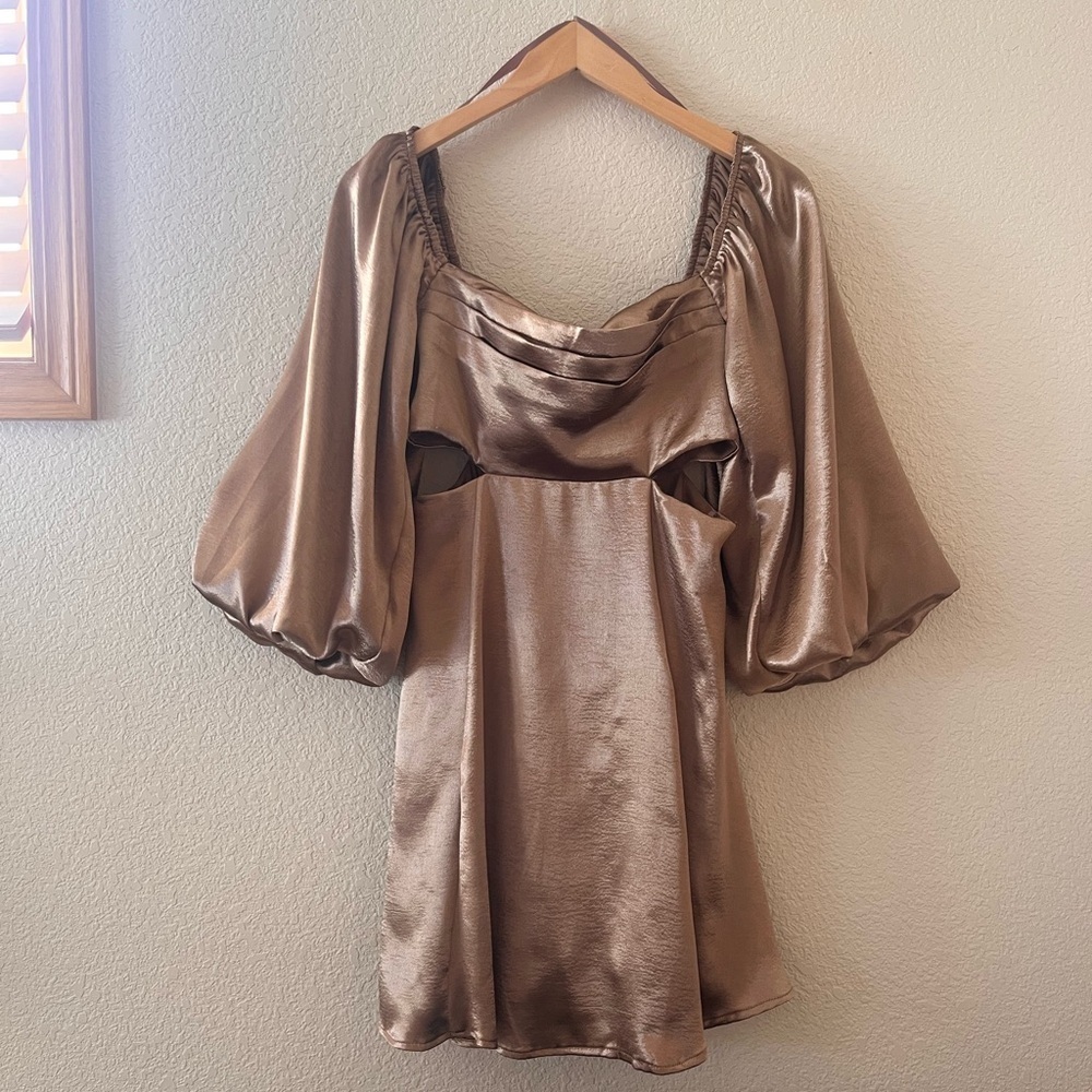 She + Sky Women’s Mini Dress with Puff Sleeve and Cut Outs (Champagne Gold color - Picture 4 of 13